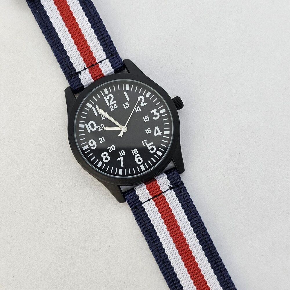 Field Men's Watch 42MM Black Case Dial Blue White Red Canvas Band Straps NewBat